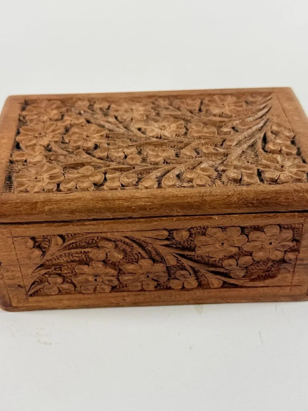 Vintage Hand Carved Wood Jewelry Box Inlaid Floral Design Velvet Lined India
